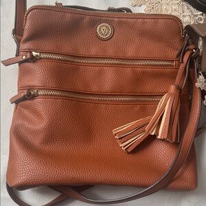 Anne Klein Tan Camel Brown Crossbody Bag with Tassel Faux Leather Gold Accents